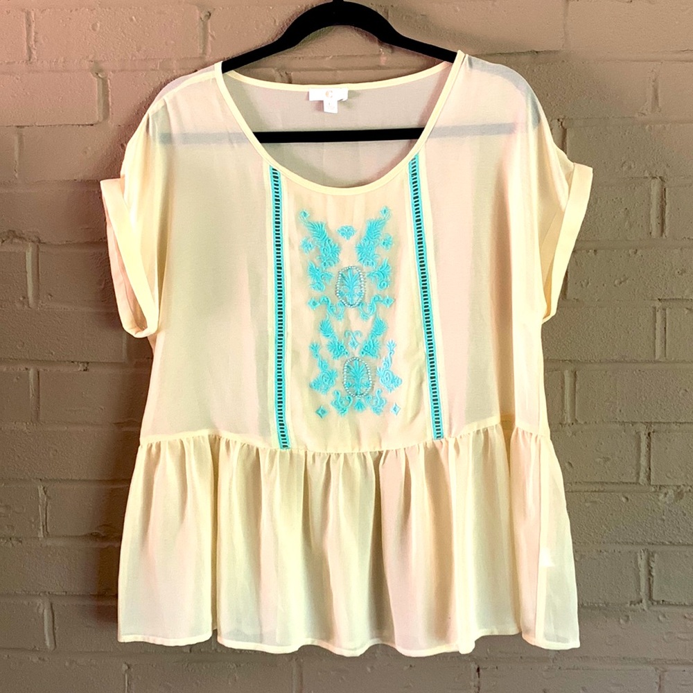 Gorgeous Cream Blouse with Teal Embroidery and beaded accents